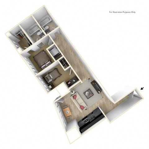 Floor plan for 2 beds, 2 baths, 1042 sqft